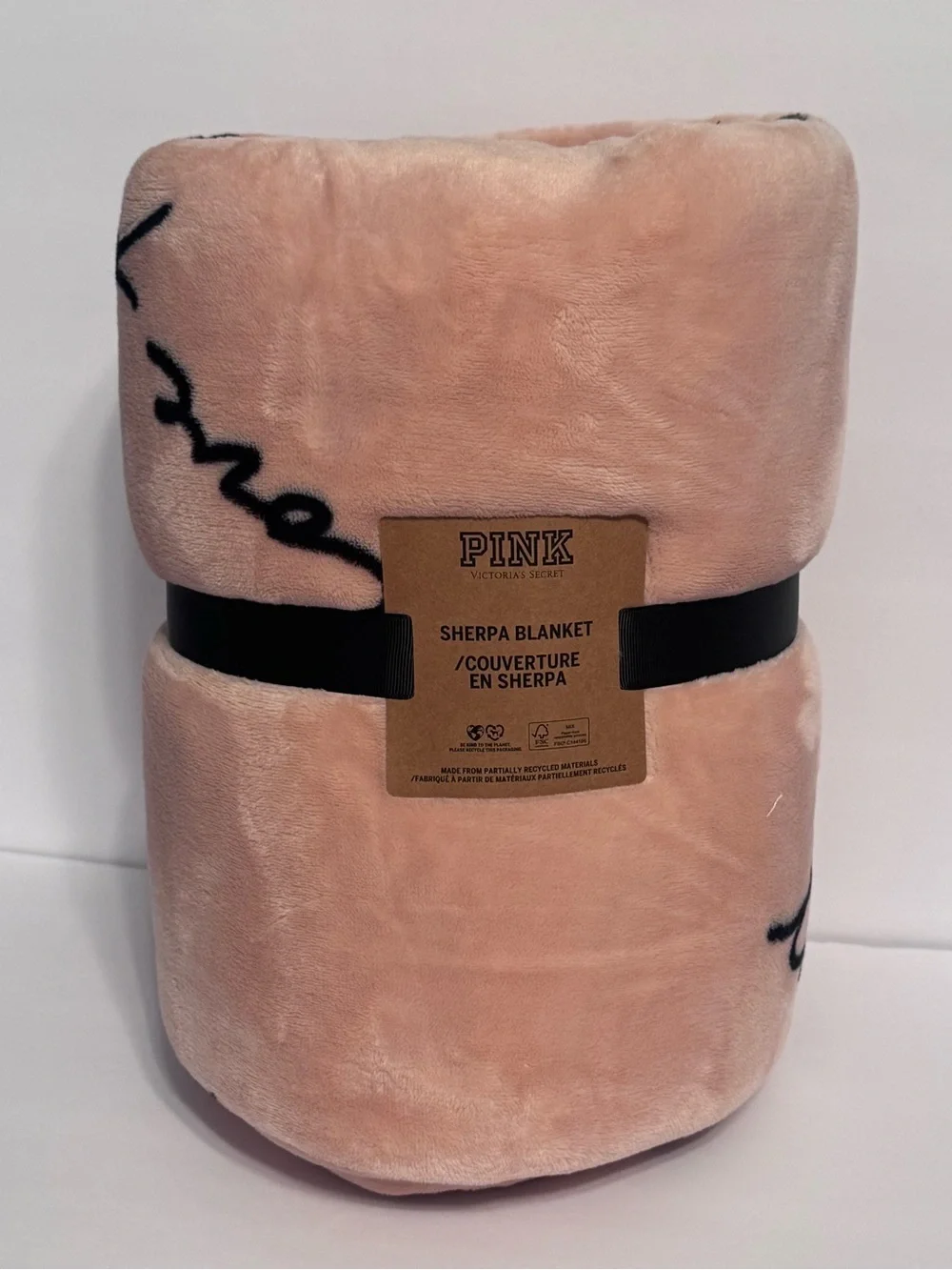 PINK Victoria's Secret Plush Sherpa Throw in Soft Pink with Black Script